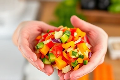 Hand holding chopped colorful vegetables, representing healthy ingredients.
