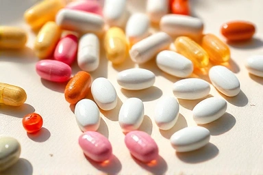 Vitamins B supplements, aesthetic arrangement, natural light