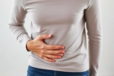 Person experiencing stomach discomfort, symbolizing internal unease.