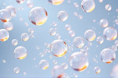 Close-up of glowing, translucent vitamin droplets in water.