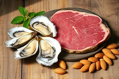 Zinc-rich foods: oysters, red meat, and almonds