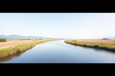 Calm river reflecting a bright sky, symbolizing financial stability.