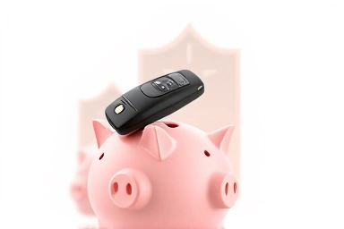 Piggy bank with car key and protection shield icon