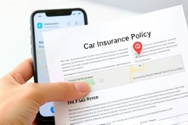 Car insurance policy with smartphone showing service location