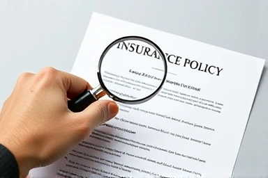 Hand with magnifying glass reviewing insurance document.