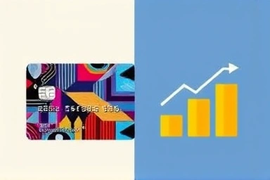 Split image: artistic credit card design meets financial benefit graphic