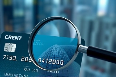 Credit card with magnifying glass, hidden financial details