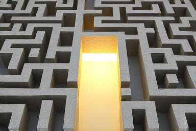Financial maze with illuminated path, overcoming complexity