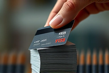 Hand strategically stacking credit cards for financial benefit accumulation.