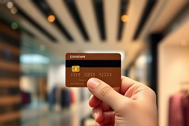 Credit card in hand, luxury department store shopping.