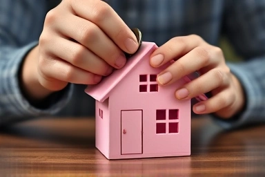 Saving money for a house in a piggy bank.