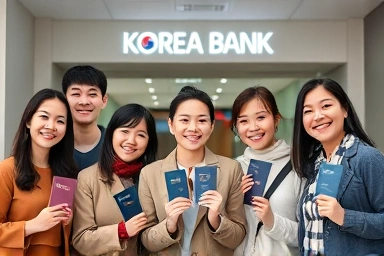 Diverse foreigners opening bank accounts in Korea.