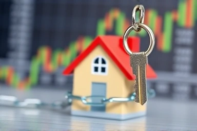 House with chain being unlocked, financial solution.