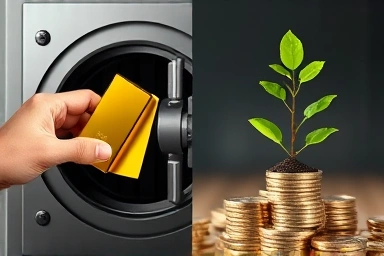 Gold and silver bars in vault, plant growing from coins