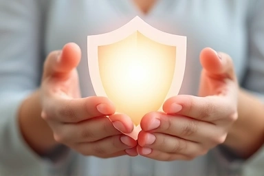 Hands holding a protective, glowing shield.