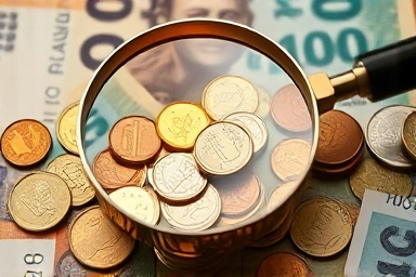 Magnifying glass over coins, finding hidden financial value.