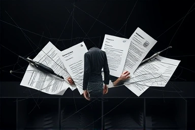 Person trapped in insurance fraud web, subtle danger, legal documents.