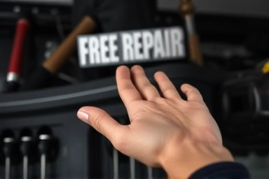 Hand accepting fraudulent repair offer, looming legal consequence, subtle danger.