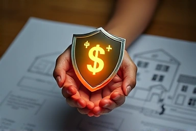 Financial security shield over house blueprint