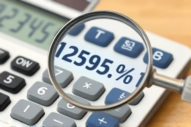 Magnifying glass on calculator revealing high percentage.