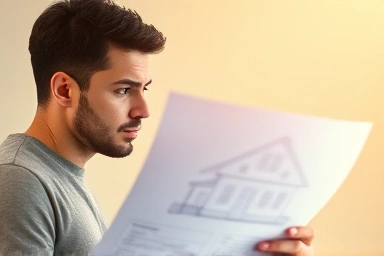Hopeful homeowner reviewing house blueprint for future purchase.