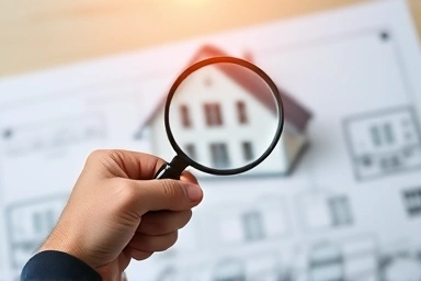 House blueprint under magnifying glass, financial assessment