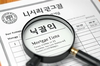 Korean real estate registry document with magnifying glass focusing on mortgage.