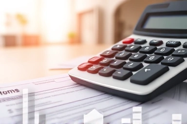 Calculator and tax forms with a glow, symbolizing financial gain.