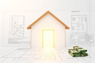 Money flowing into a house blueprint with golden light.