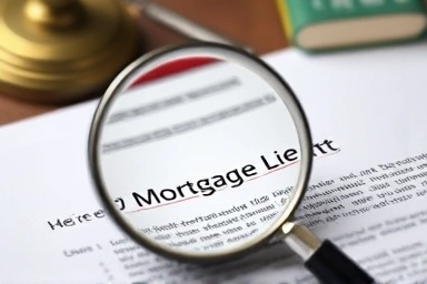 Magnifying glass over mortgage lien document, legal check