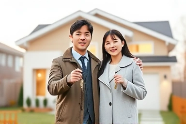 Happy Korean couple with house keys in front of new home