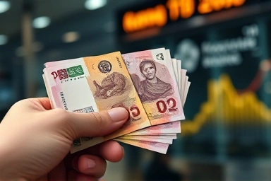 Hand holding Korean Won with digital finance overlay