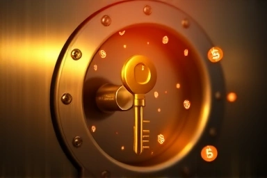 Golden key unlocking digital vault of wealth