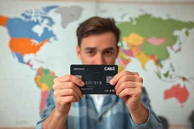 Anxious traveler holding a lost credit card with a world map background.