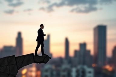 Financial risk metaphor, person on crumbling bridge, loan guarantor danger