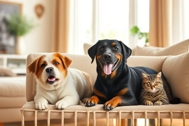 Happy pets in a cozy home, symbolizing financial relief.