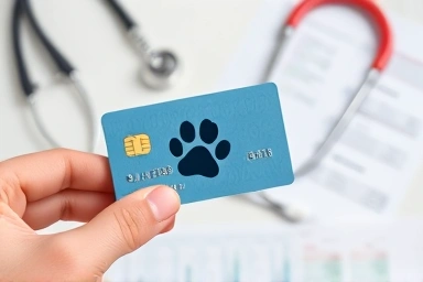 Credit card with paw print design over veterinary clinic items.