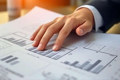 Hand examining blueprint with subtle financial overlay, symbolizing strategic planning.
