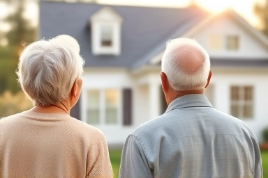 Senior couple happy in home with financial security