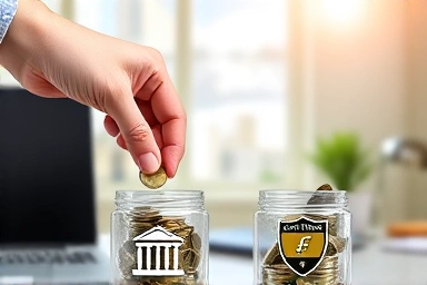 Hand comparing savings options, bank vs insurance containers