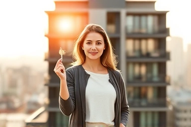 Single woman holding key in front of apartment building.
