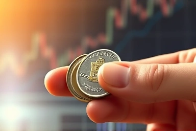 Hand holding coins with blurred stock graph background
