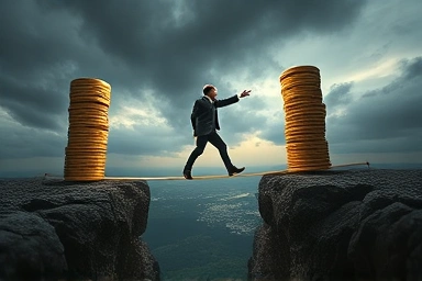 Stock leverage tightrope walker balancing profit and loss