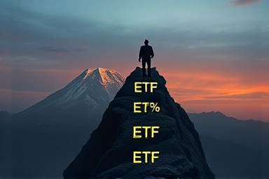 Investor navigating falling ETF tickers towards stable peak.