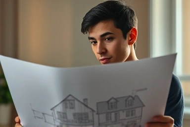 Hopeful person reviewing house blueprint with warm light.