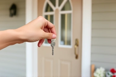 Key entering lock of a welcoming house door.