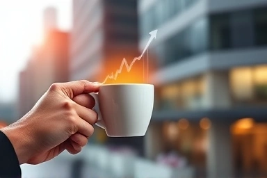 Coffee cup with stock chart steam, hopeful investment concept.