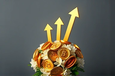 Abstract financial growth from wedding bouquet and gold coins.