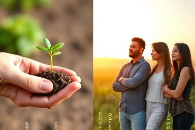 Planting a sapling and young adults looking towards a bright future