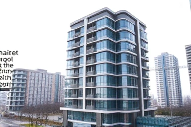 Luxury apartment building with brand logo, modern urban development.